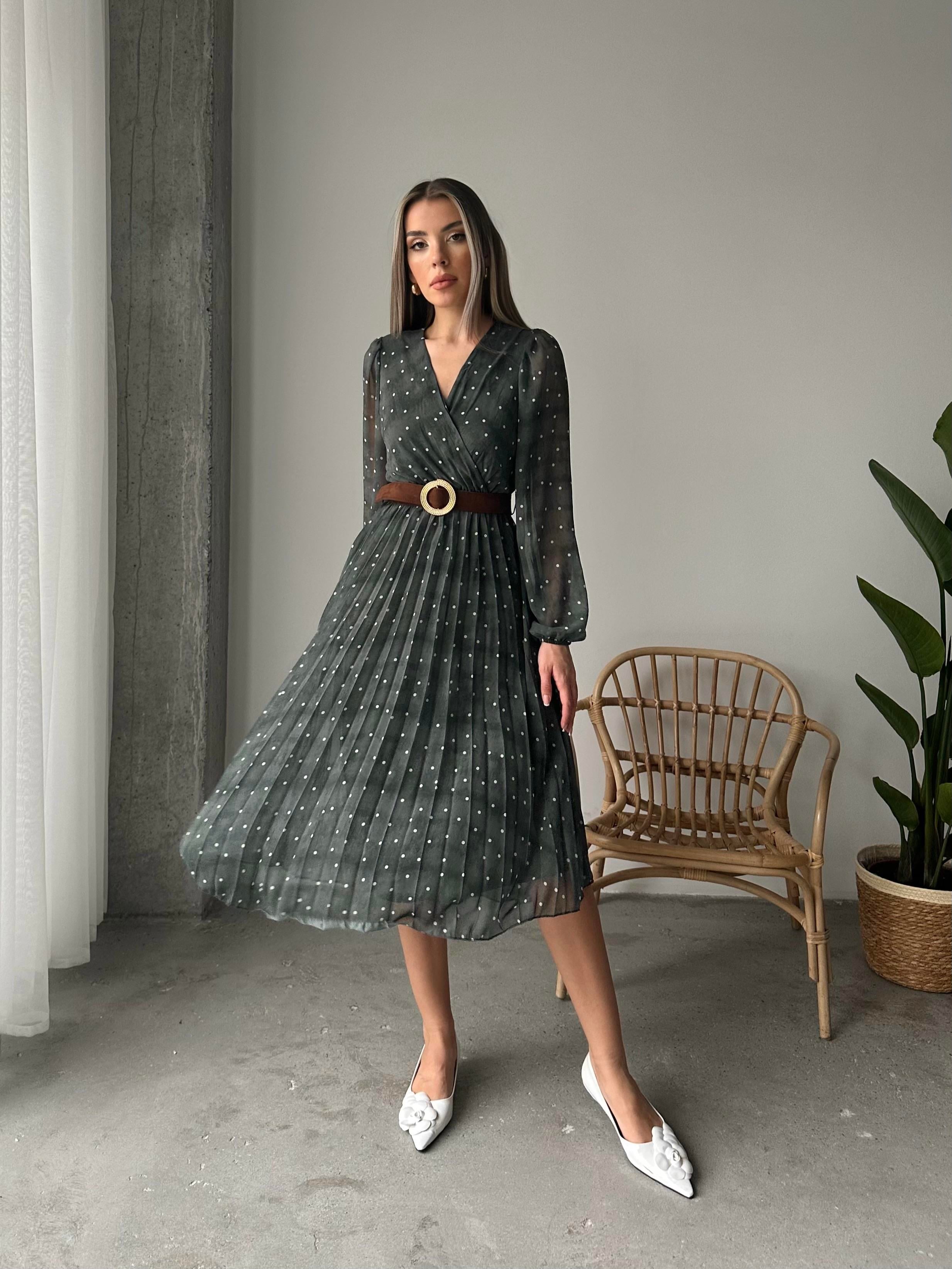 Pileli Puantiyeli Şifon Elbise Yeşil