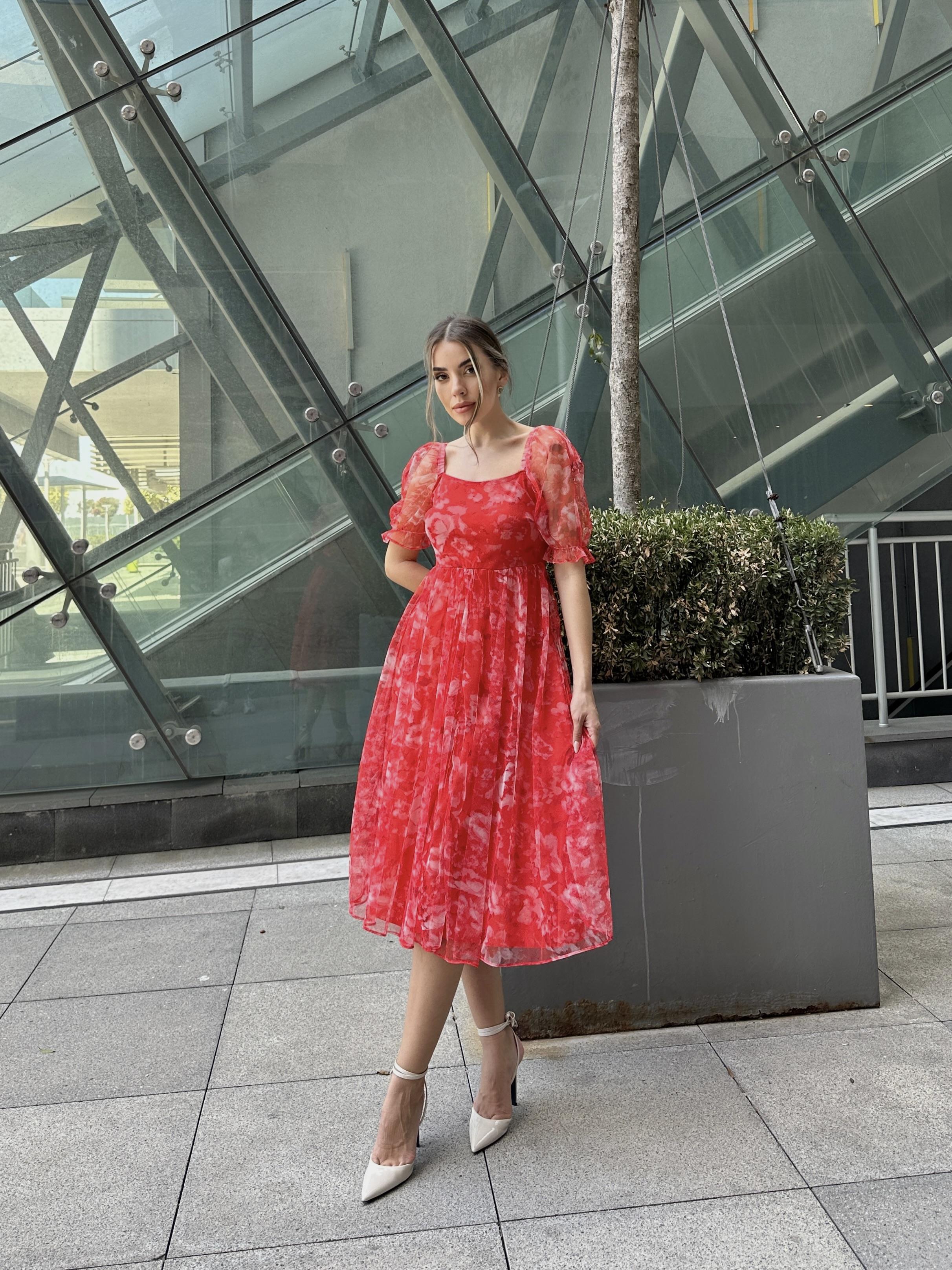 Prenses Midi Tül Elbise Kırmızı