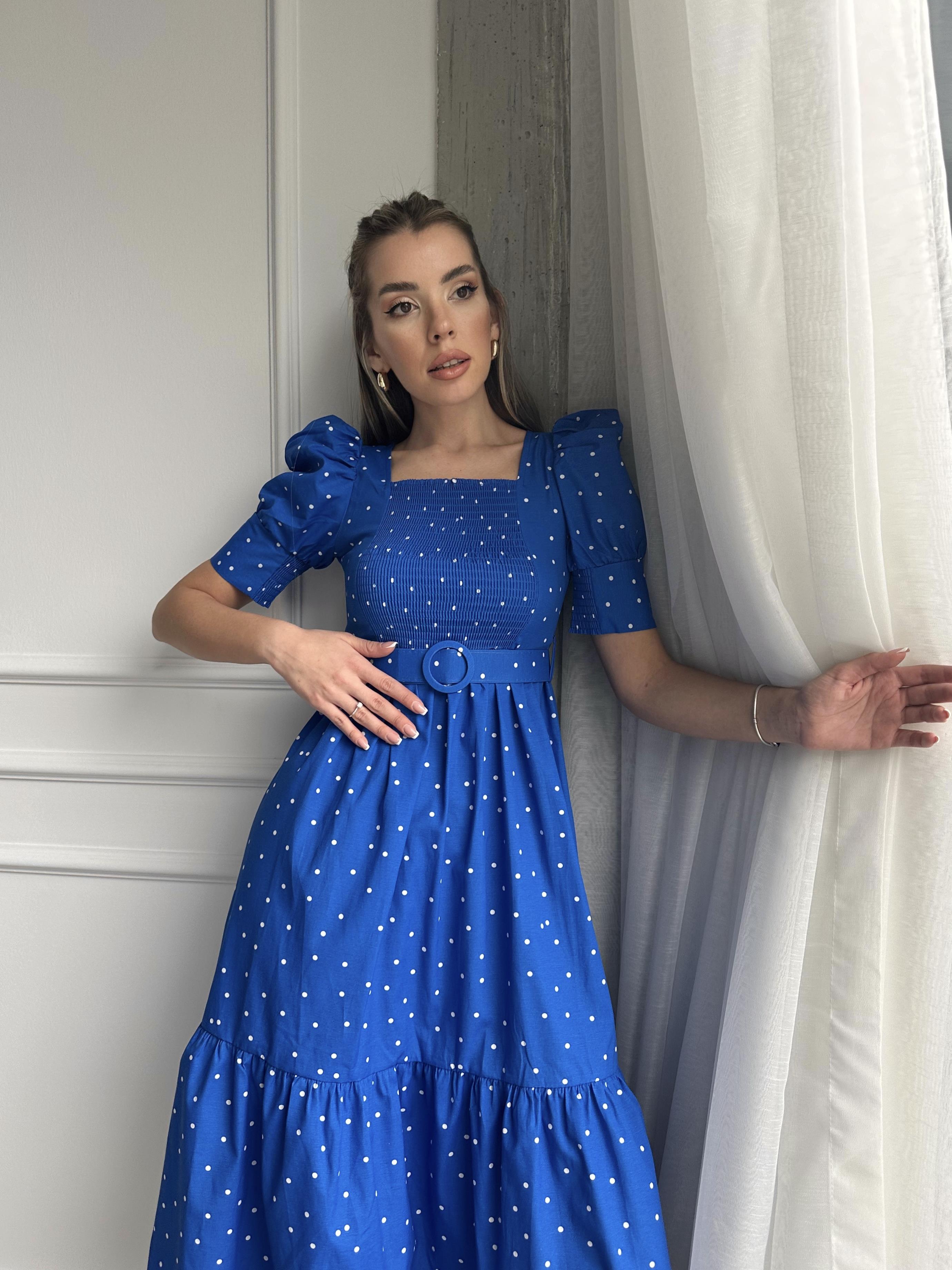 Puantiyeli Balon Kol Poplin Elbise Mavi