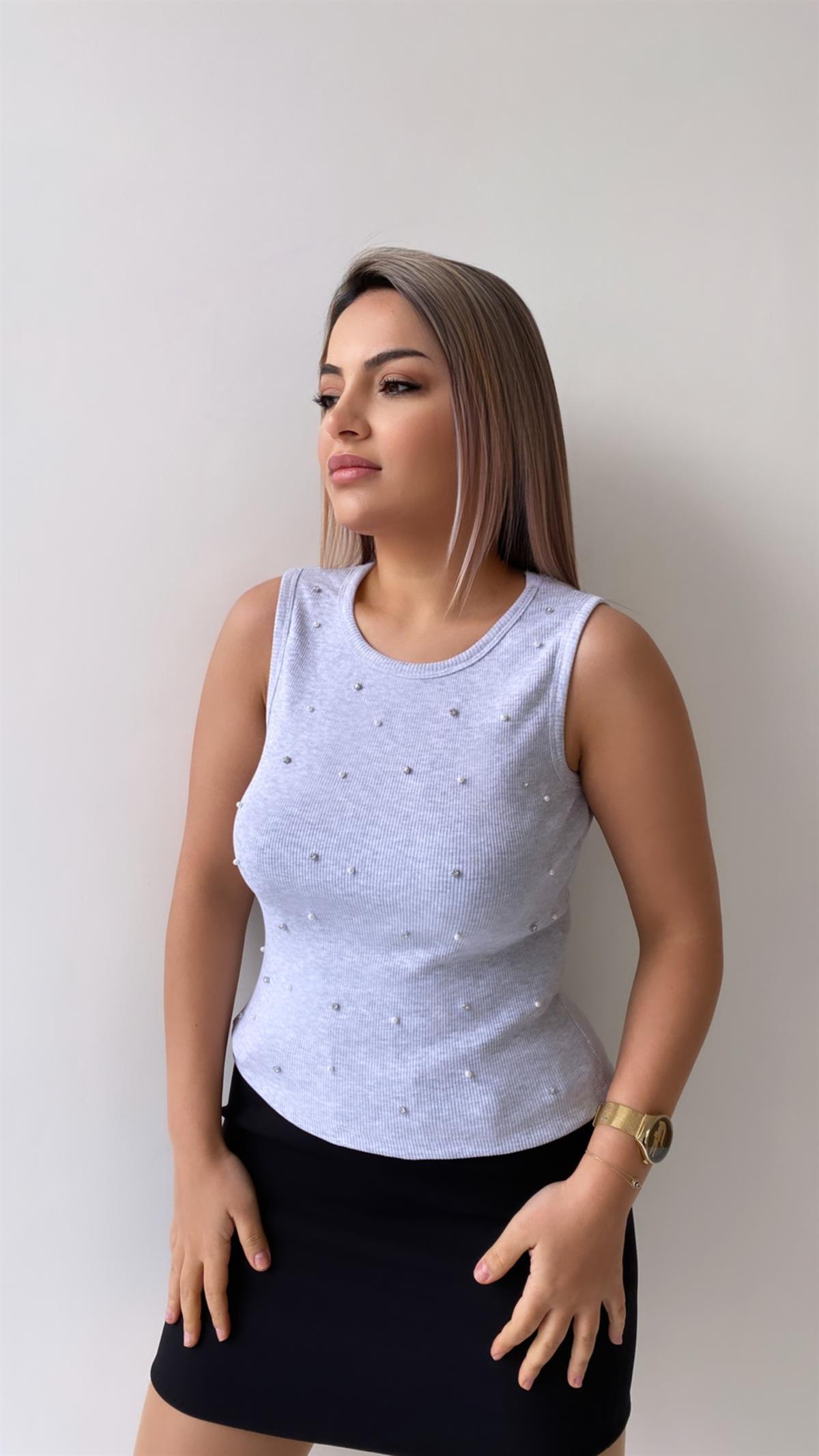 Serpme Taşlı Triko Bluz Gri