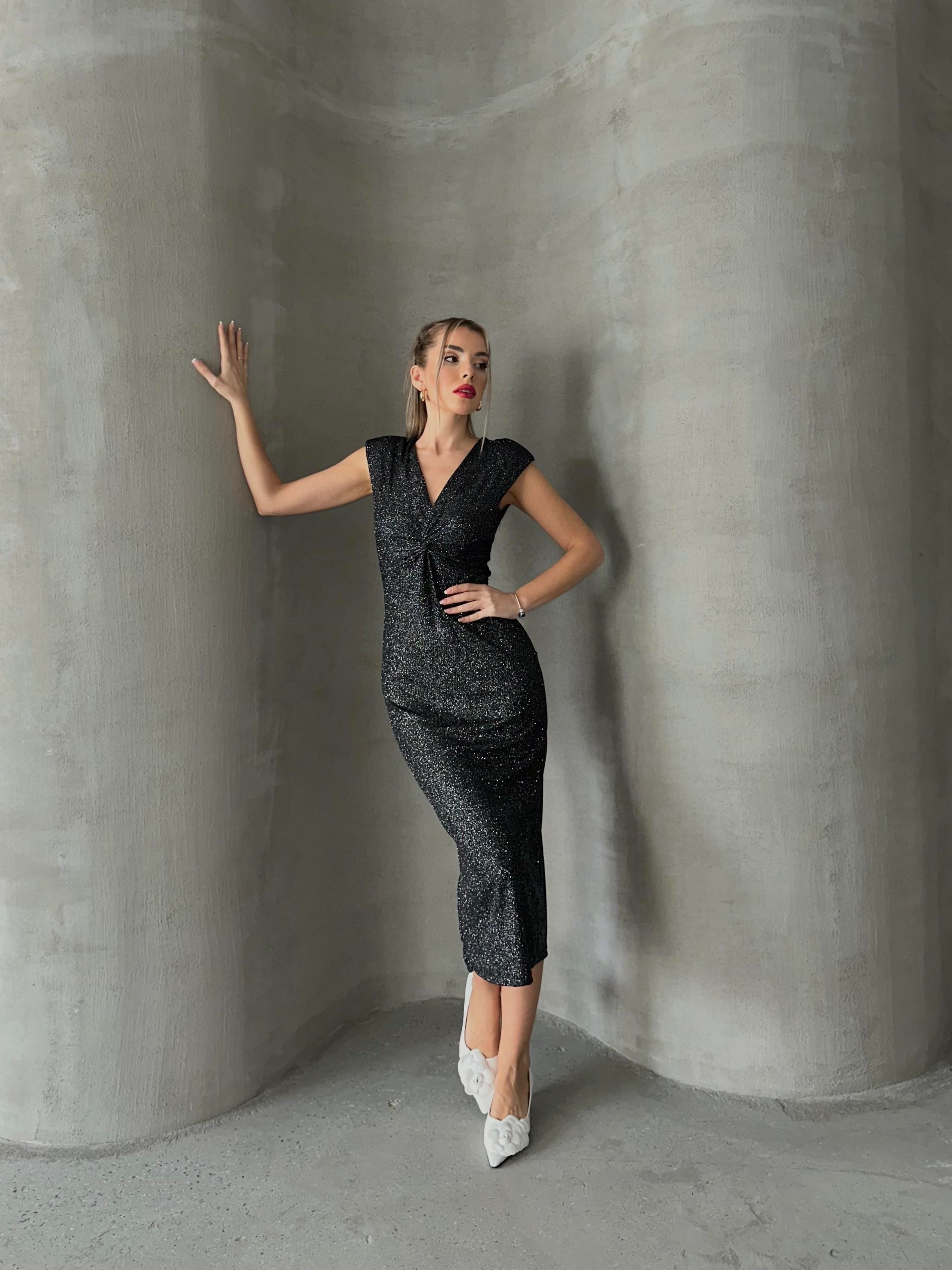 Simli Vatkalı Şık Kalem Elbise Antrasit