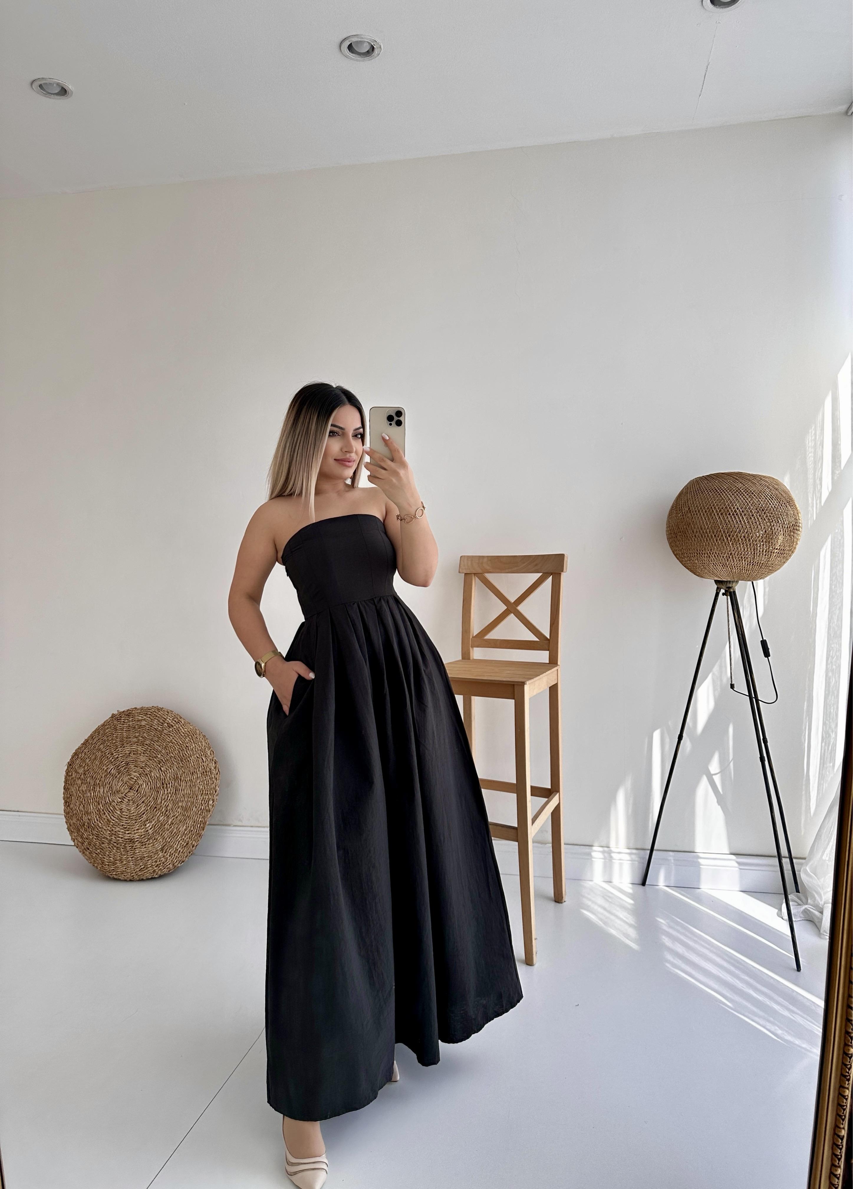 Straplez Cepli Midi Prenses Elbise Siyah