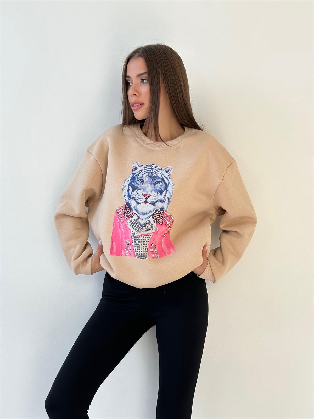 Taşlı Baskılı Üç İplik Sweat Bej