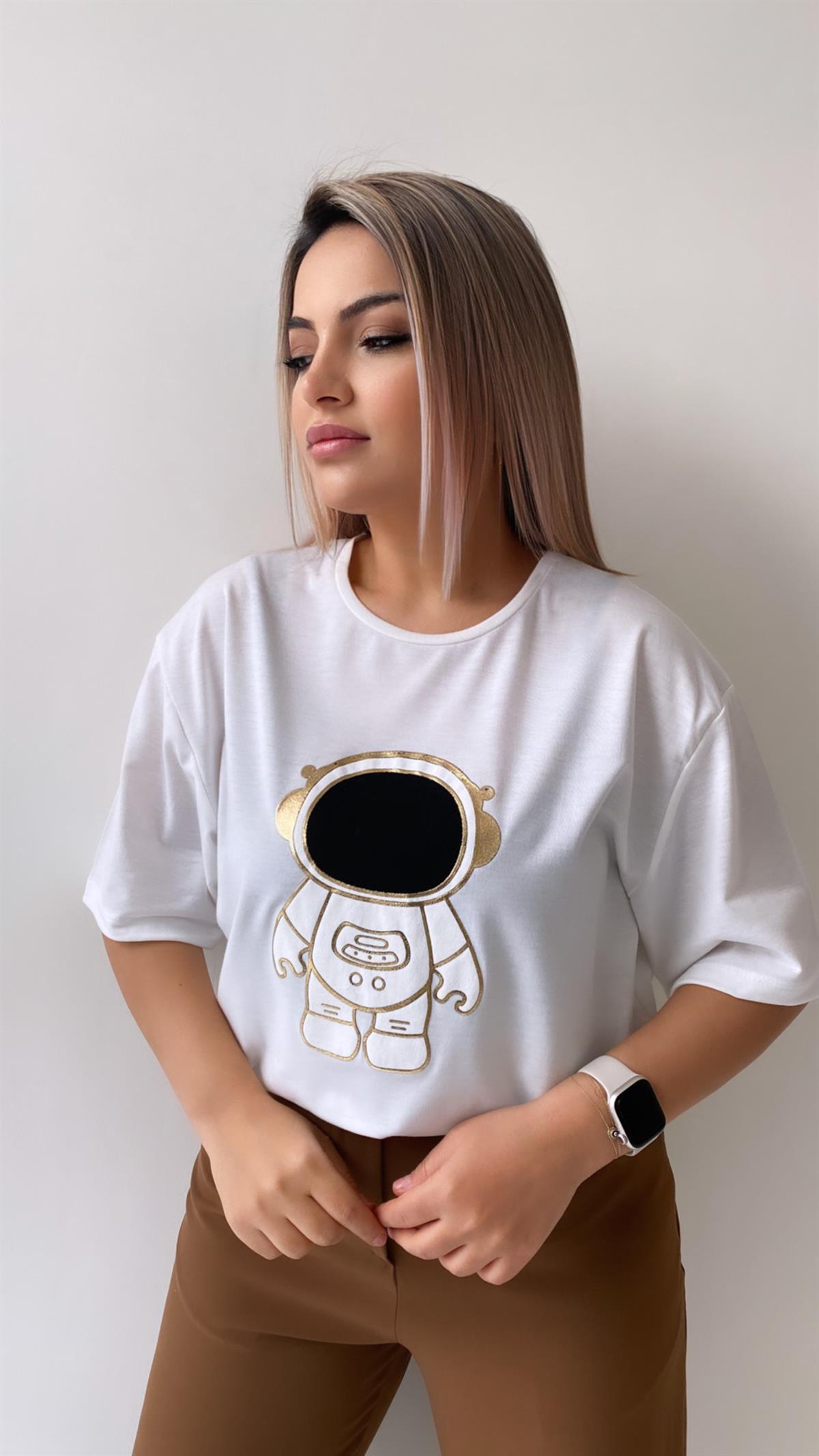 Uzaylı Varak Baskılı Tişört Ekru