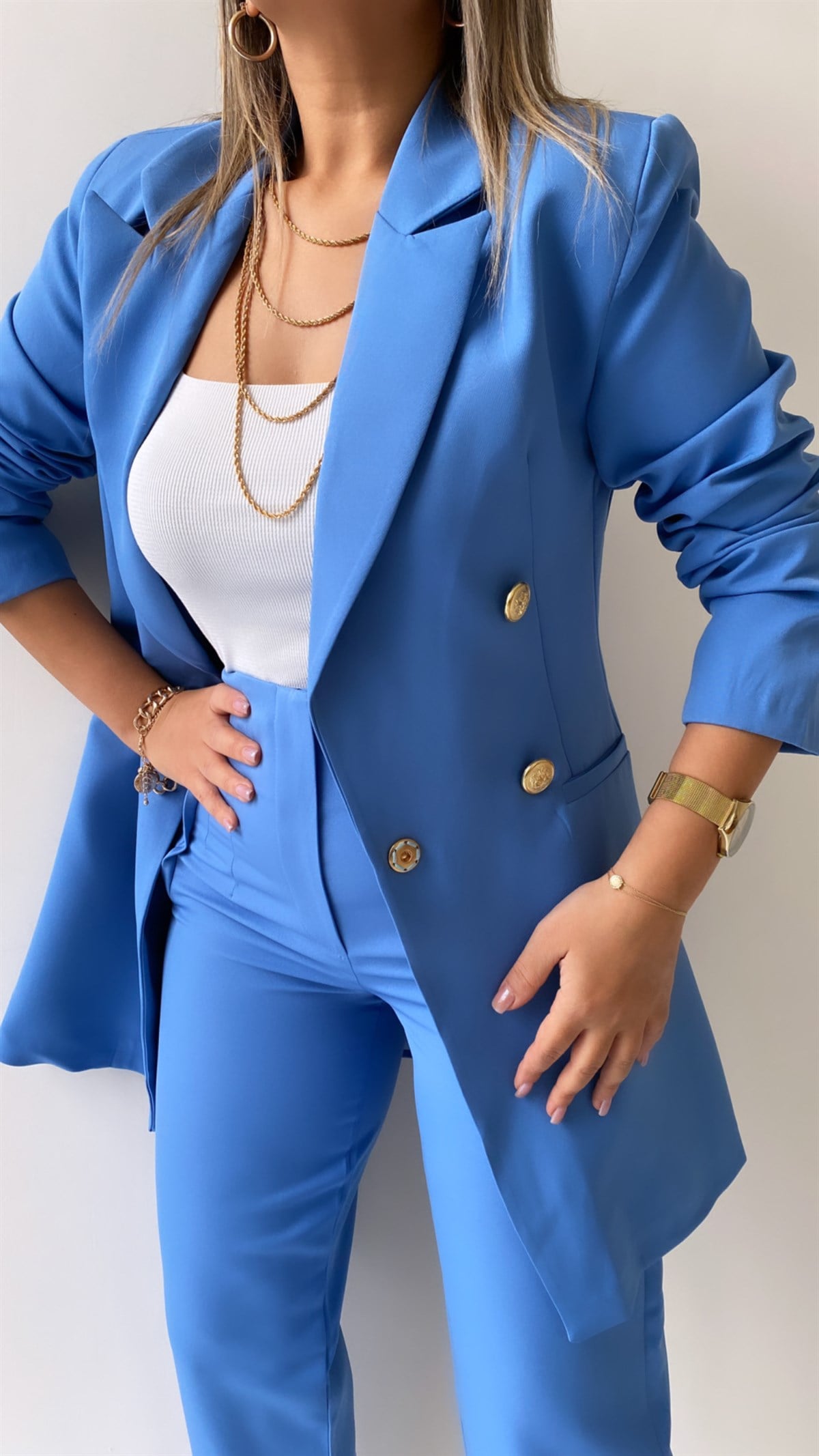 Uzun Gold Düğmeli Blazer Ceket Bebe Mavi