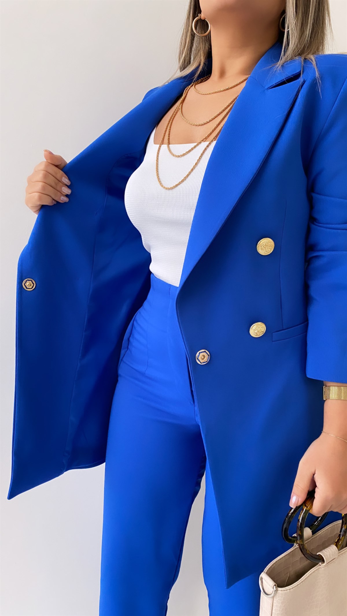 Uzun Gold Düğmeli Blazer Ceket Koyu Saks Mavi