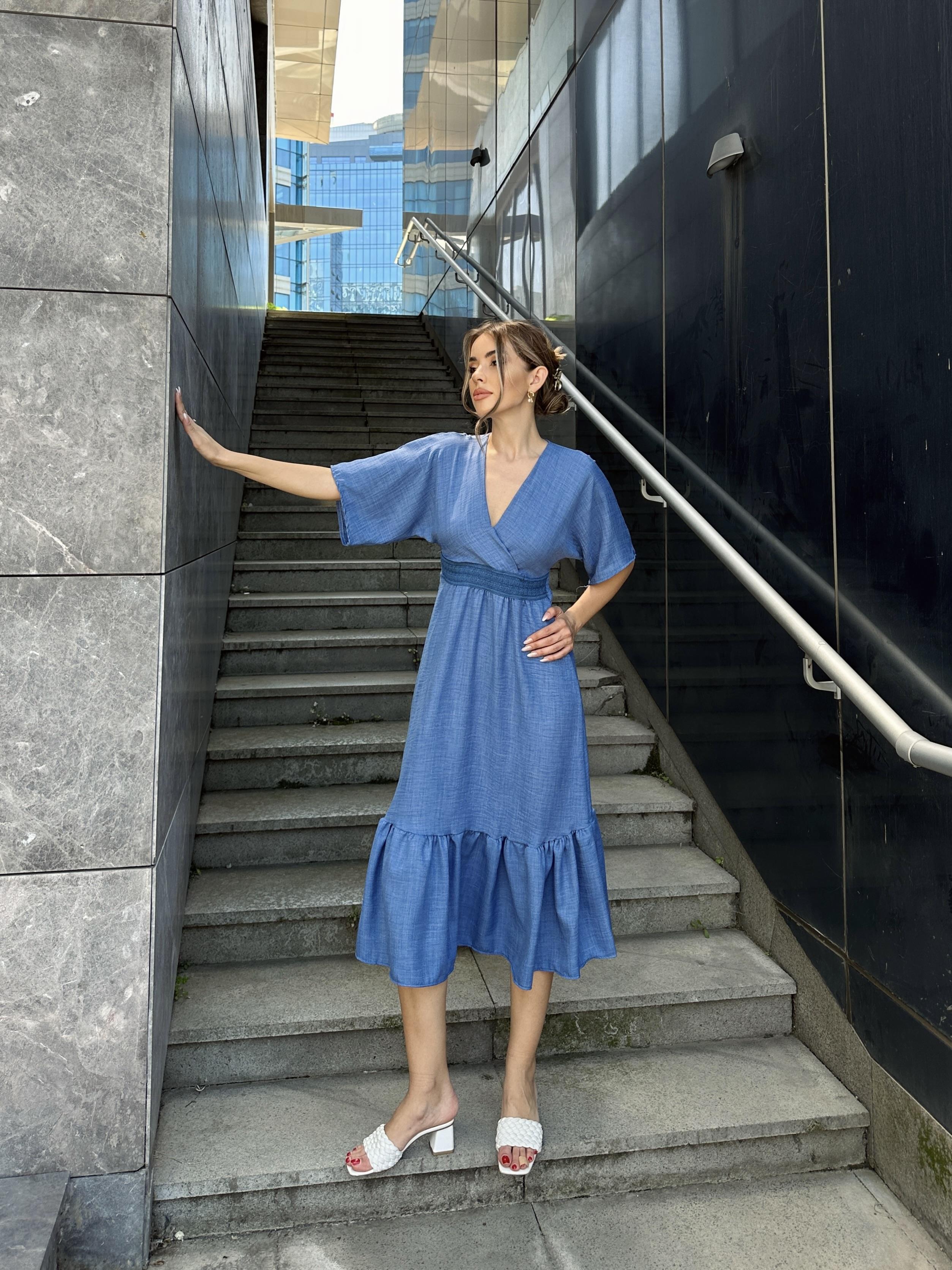 Yarasa Kol Beli İşlemeli Keten Elbise Mavi