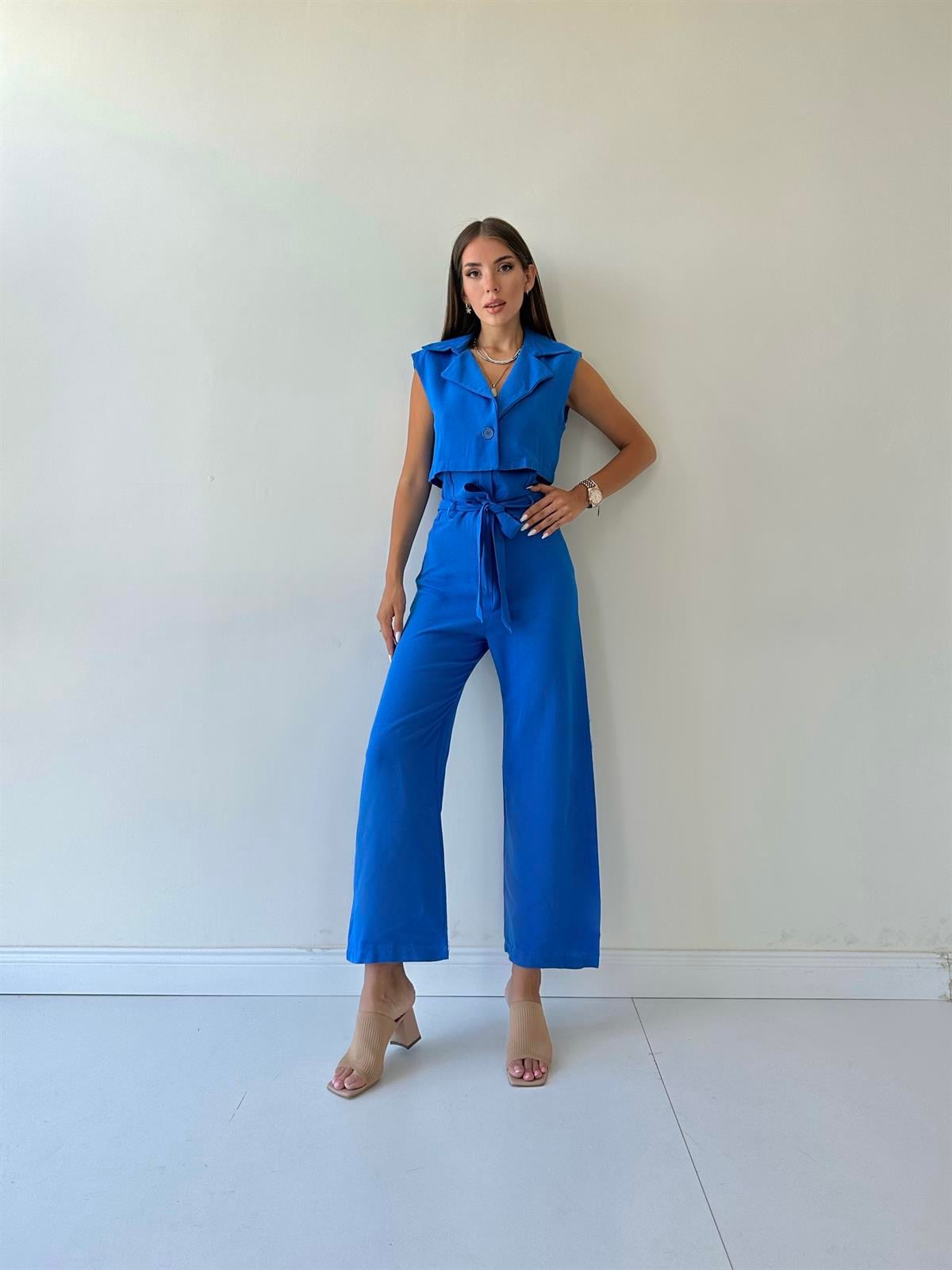 Yelekli Tasarım Keten Tulum Mavi