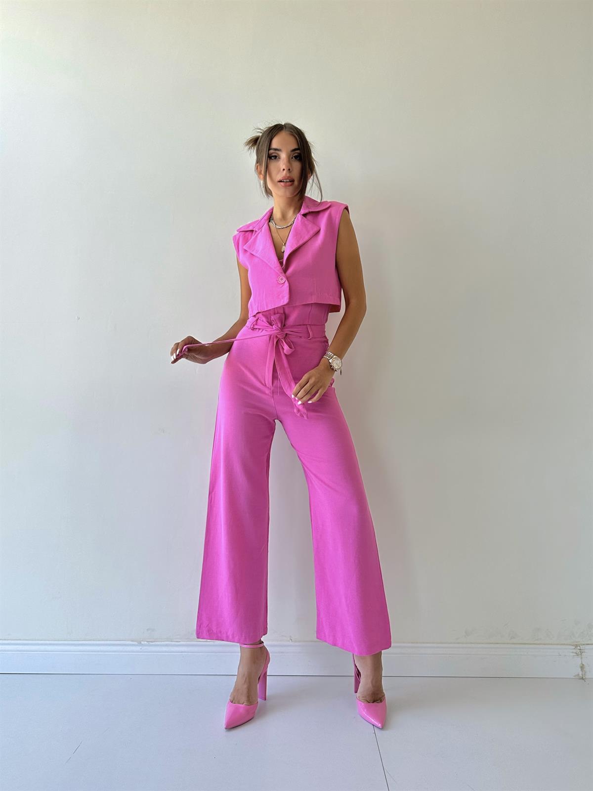 Yelekli Tasarım Keten Tulum Pembe