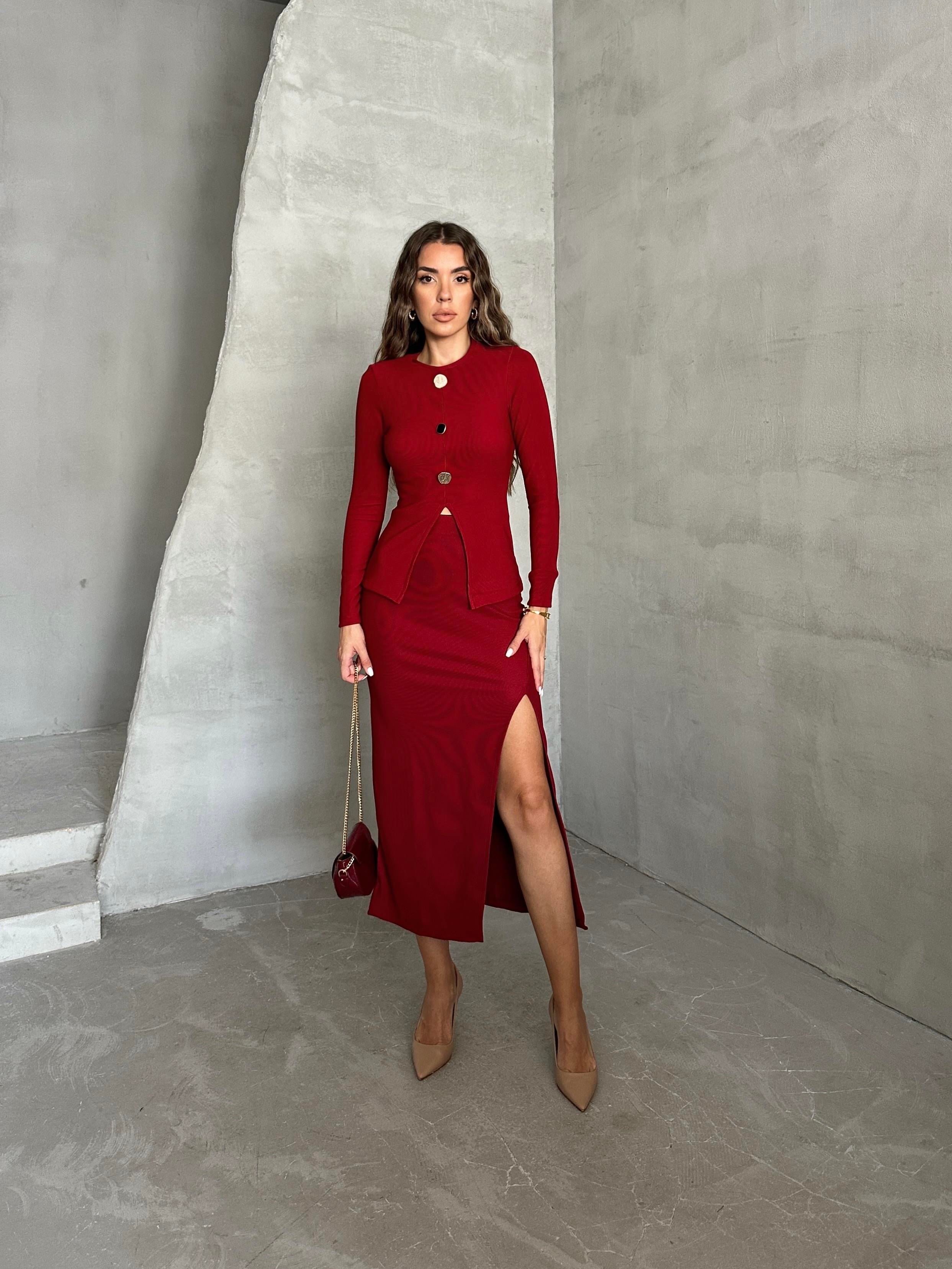 Yırtmaçlı Triko Etek Bordo