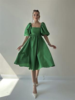 Adele Balon Kol Sırt Detay Midi Prenses Elbise Yeşil