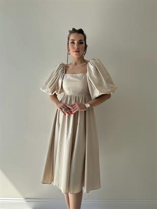 Adele Balon Kol Sırt Detay Midi Prenses Elbise Taş