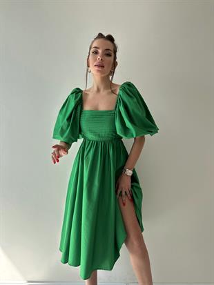 Adele Balon Kol Sırt Detay Midi Prenses Elbise Yeşil