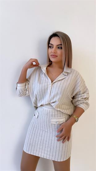 Çizgili Cep Detaylı Mini Keten Etek Taş