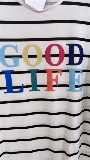 Çizgili Good Life Tişört Ekru