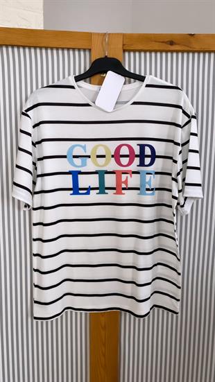 Çizgili Good Life Tişört Ekru