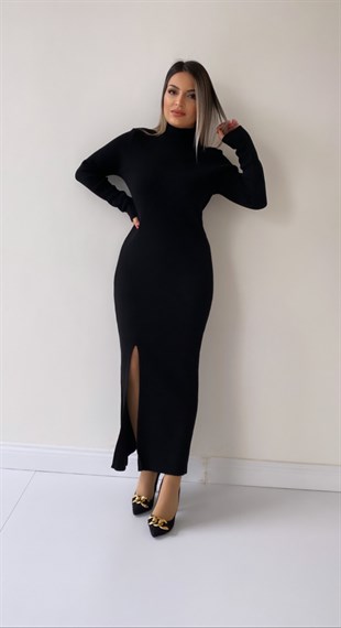 Fitilli Yırtmaçlı Triko Elbise Siyah