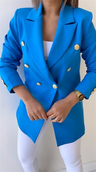 Fleto Cep Gold Düğmeli Blazer Ceket Mavi