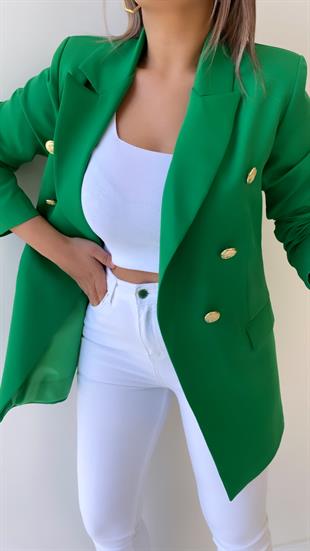 Fleto Cep Gold Düğmeli Blazer Ceket Yeşil
