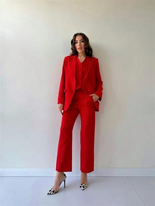 Helena Atlas Ceket Yelek Pantolon Takım Kırmızı