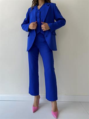 Helena Atlas Ceket Yelek Pantolon Takım Saks Mavi