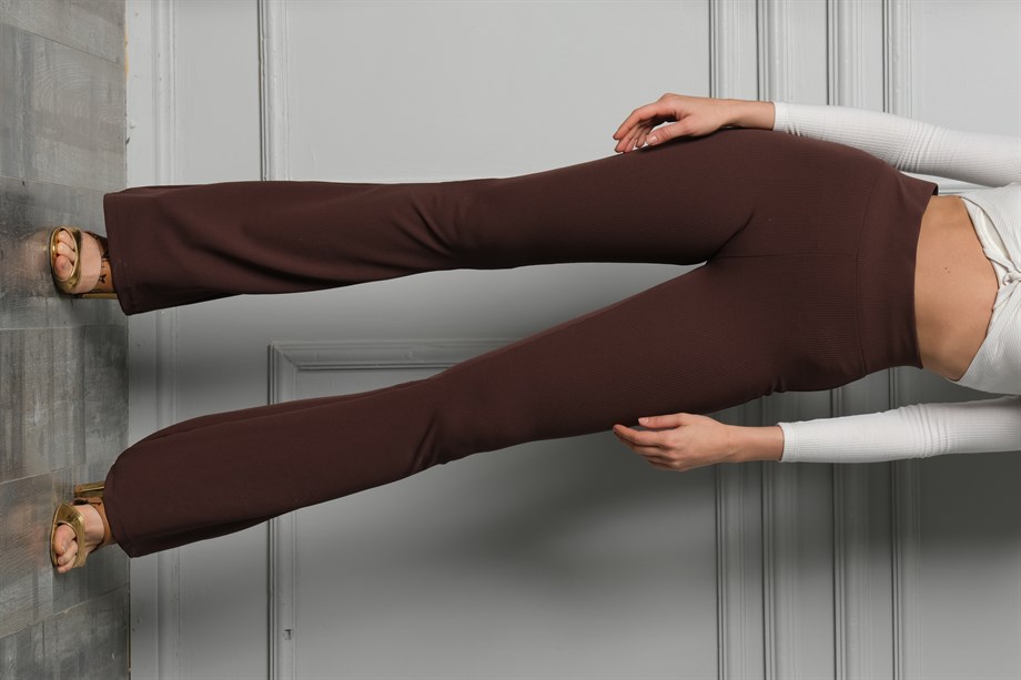 Kadın Kahverengi Fitilli Kumaş Likralı Yüksek Bel Ispanyol Paça Tayt  Pantolon Pretty Room