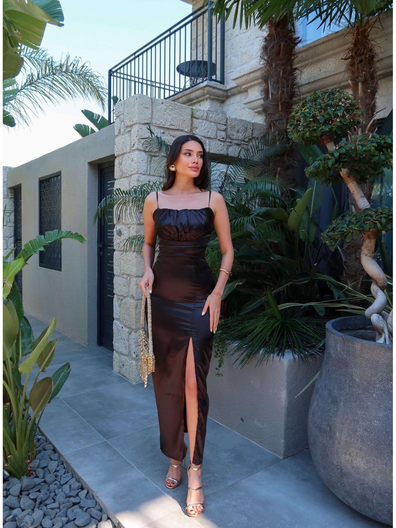 Askılı Bel Drape Saten Elbise