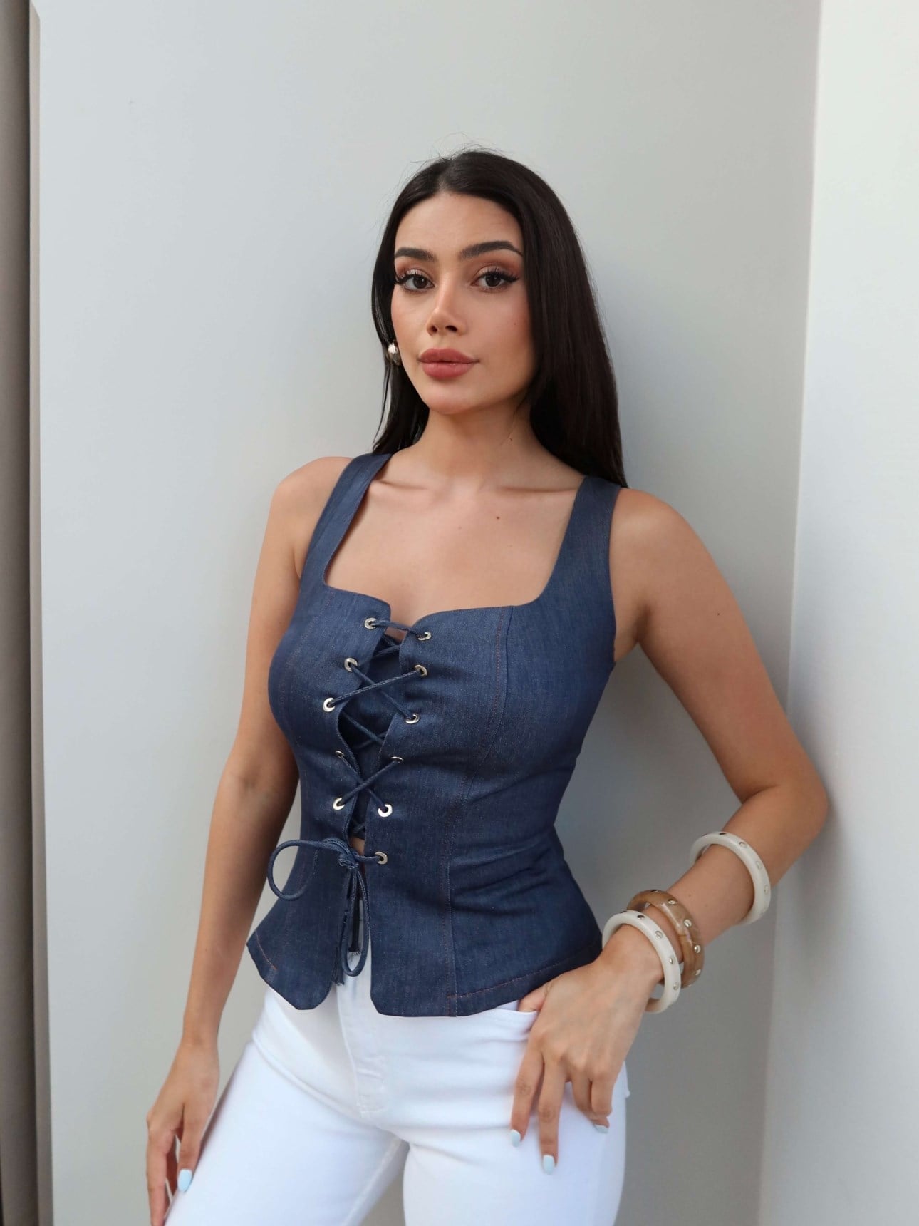 Bağcıklı Denim Korse Bluz