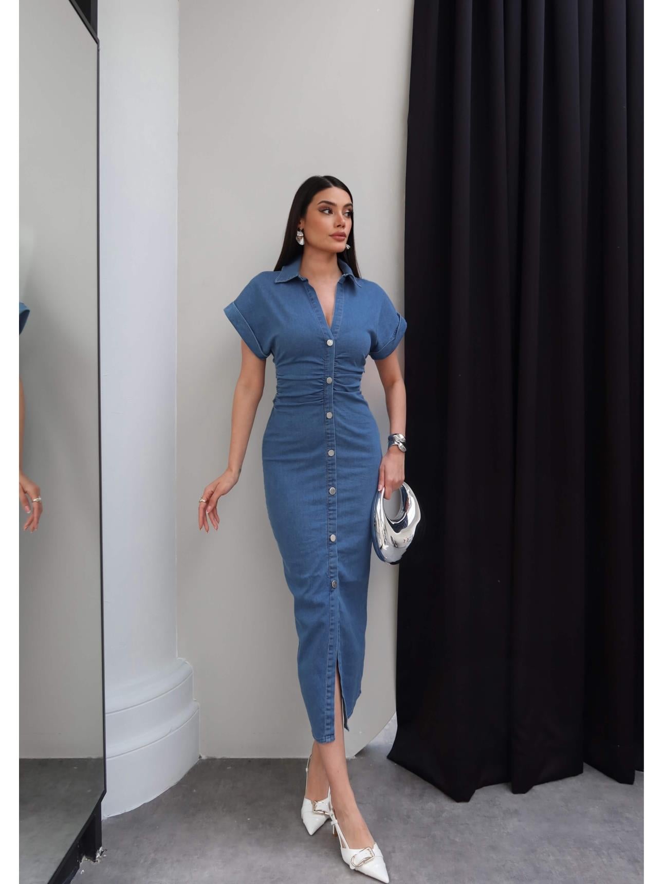 Beli Büzgülü Uzun Denim Elbise