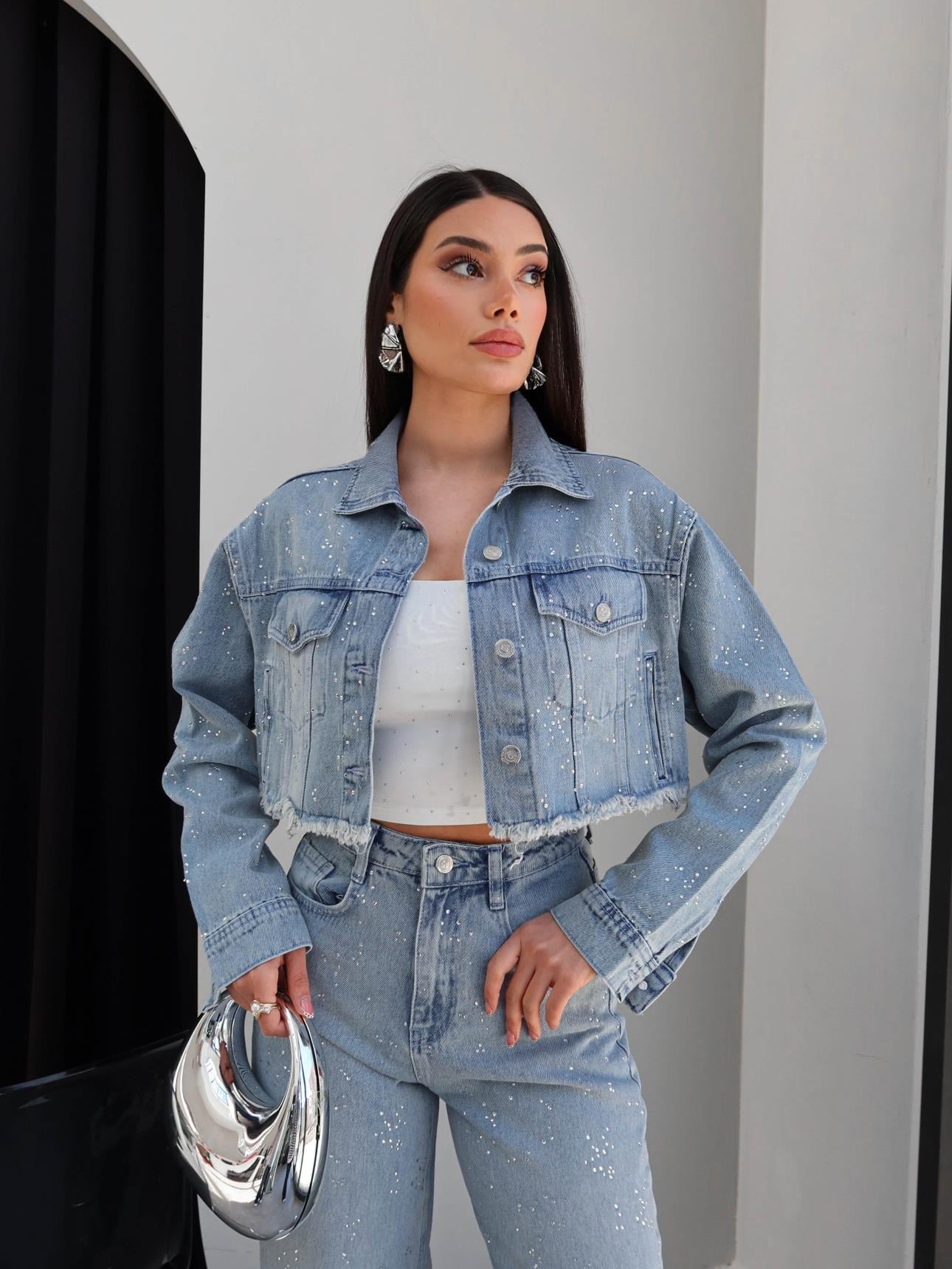 Dağınık Taşlı Denim Crop Ceket