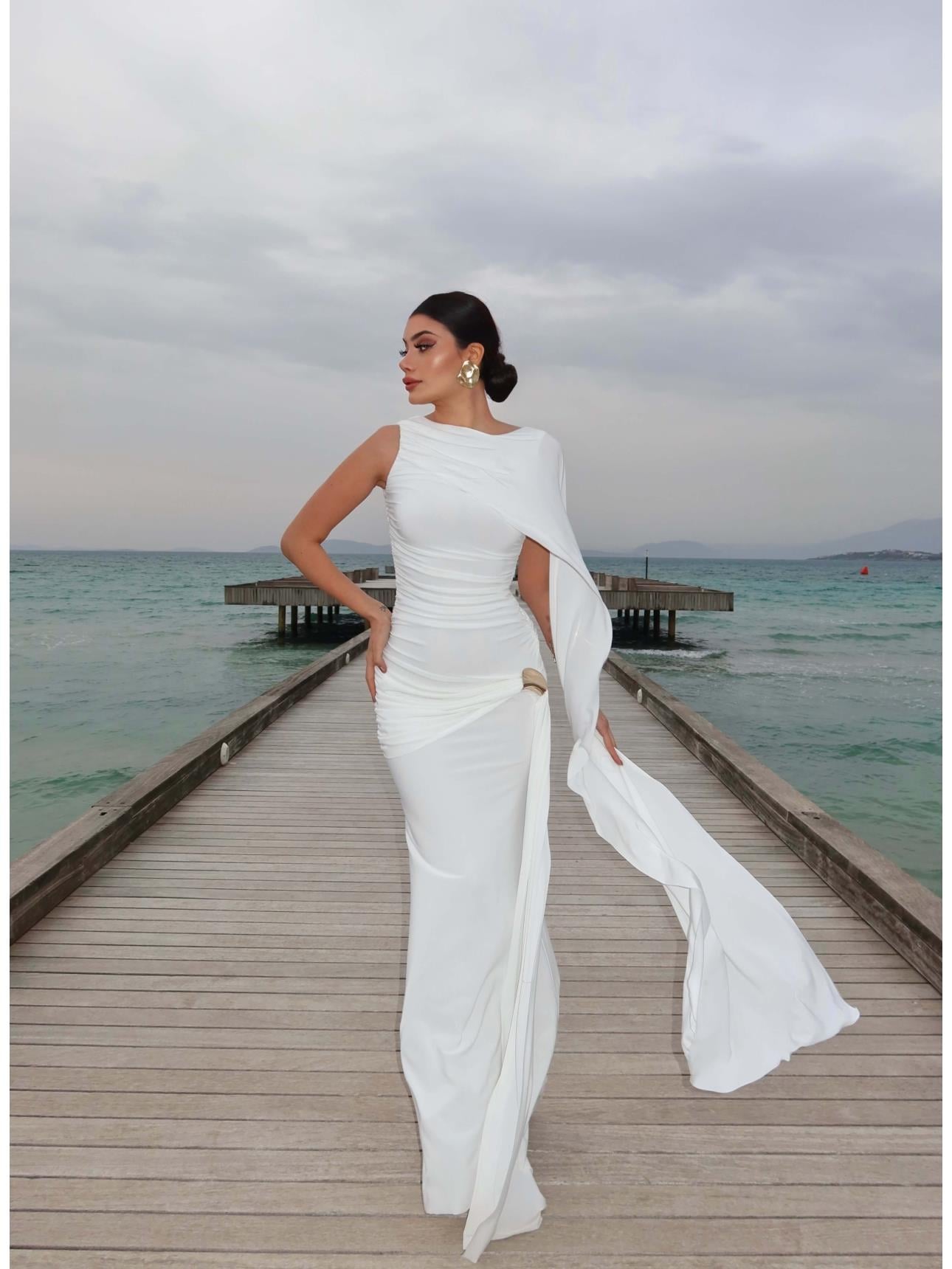 EH Collection Pelerin Detaylı Drapeli Uzun Elbise
