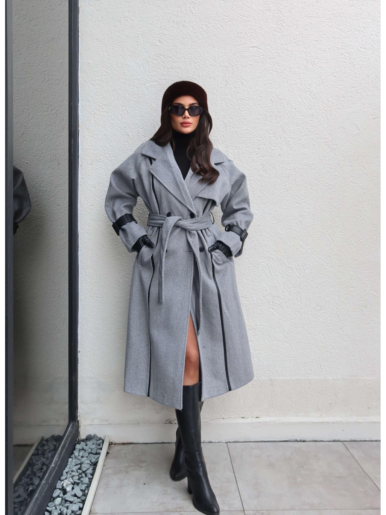 Gri Yün Leather Cuff Detay Kaşe Kaban