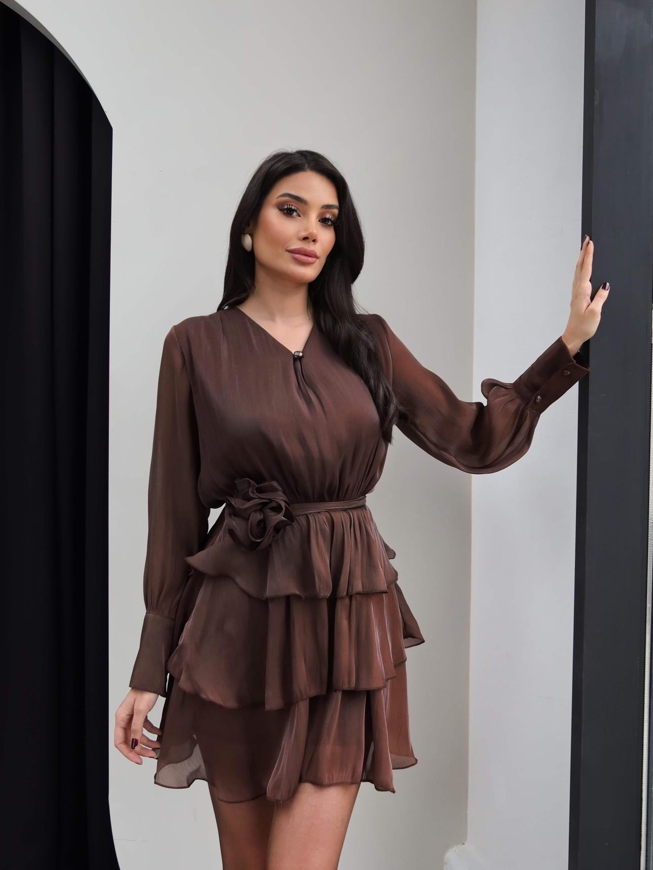 Gül Kemer Detaylı Jakarlı Mini elbise