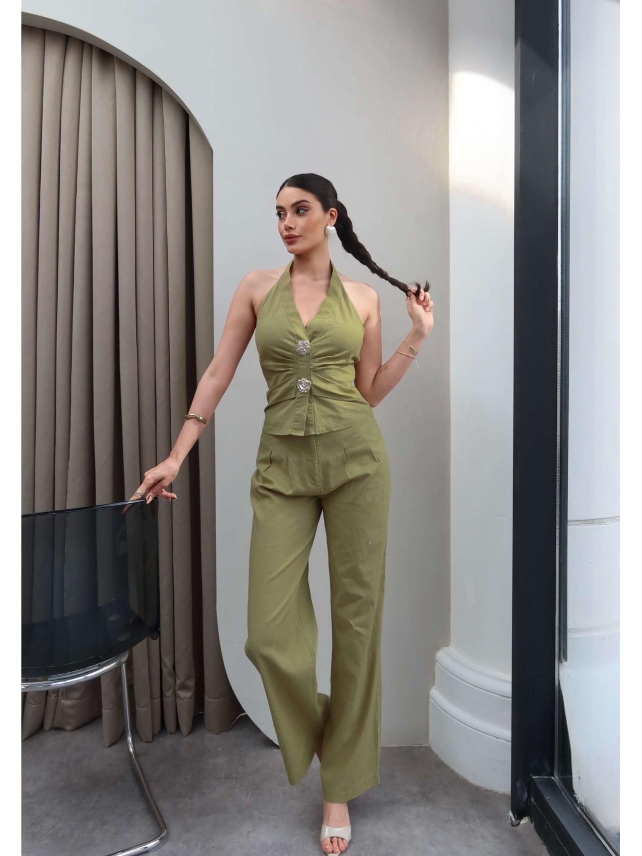 Halter Yaka Gold Aksesuarlı İkili Takım