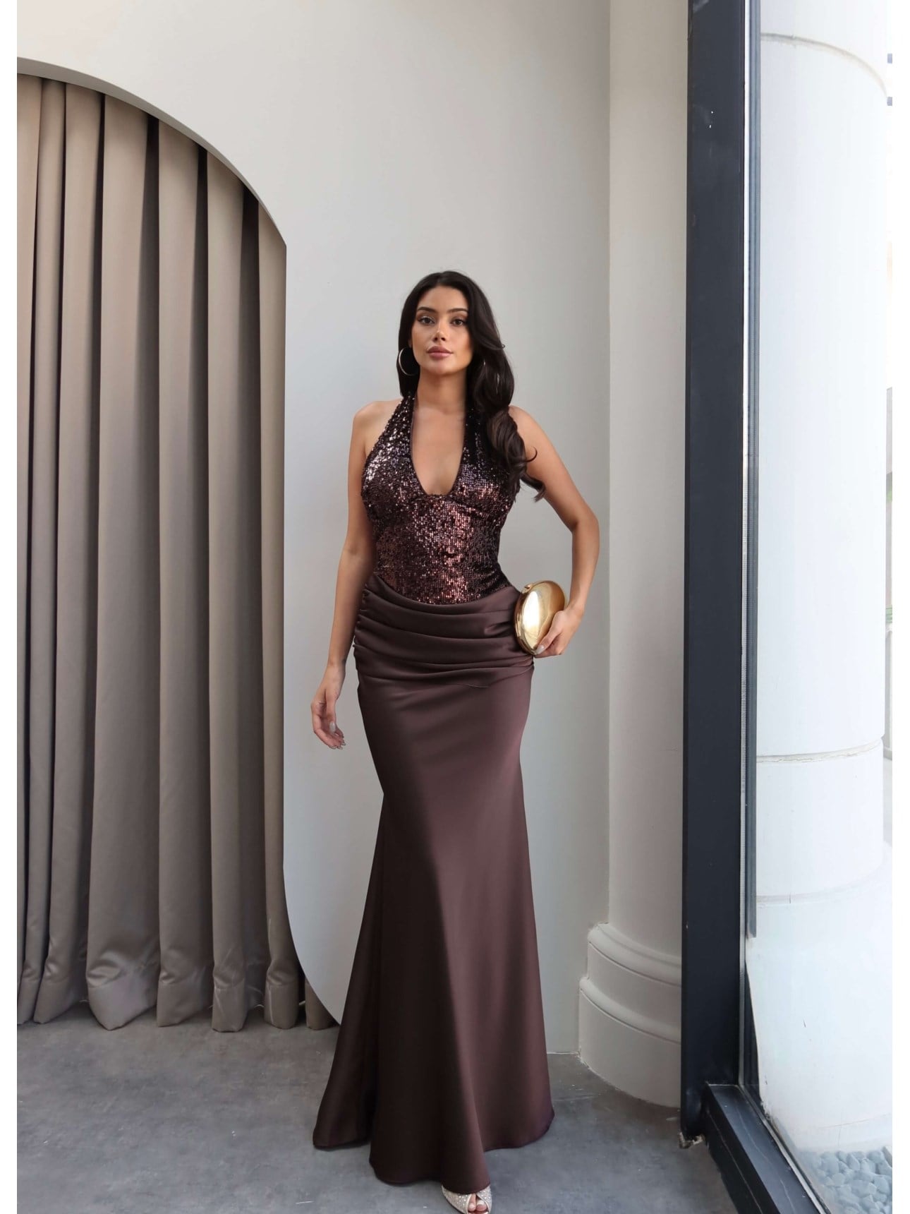 Halter Yaka Payetli Maxi Elbise