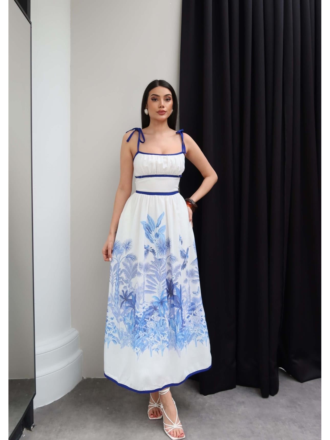 İp Askılı Palmiye Desen Keten Elbise