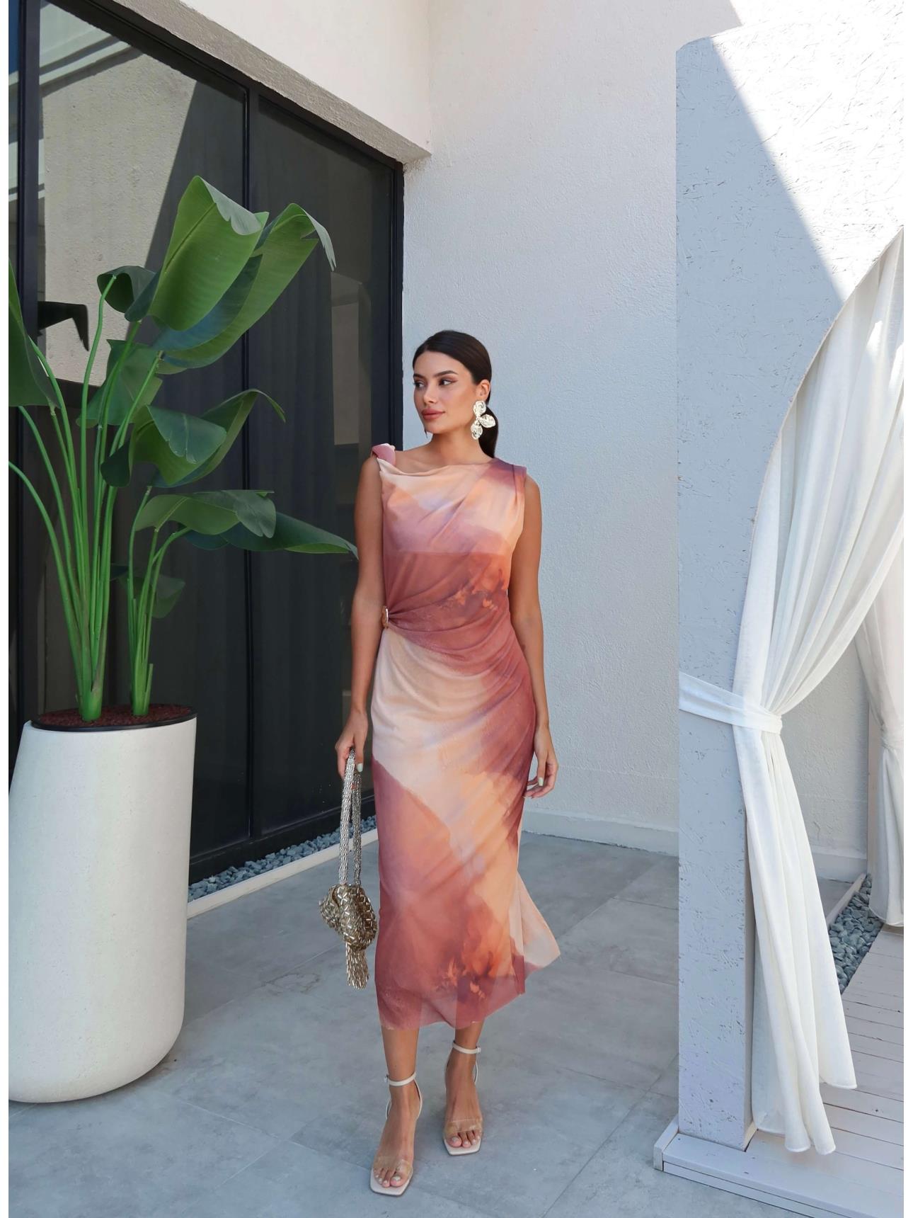 Kahve Batik Desen Midi Elbise