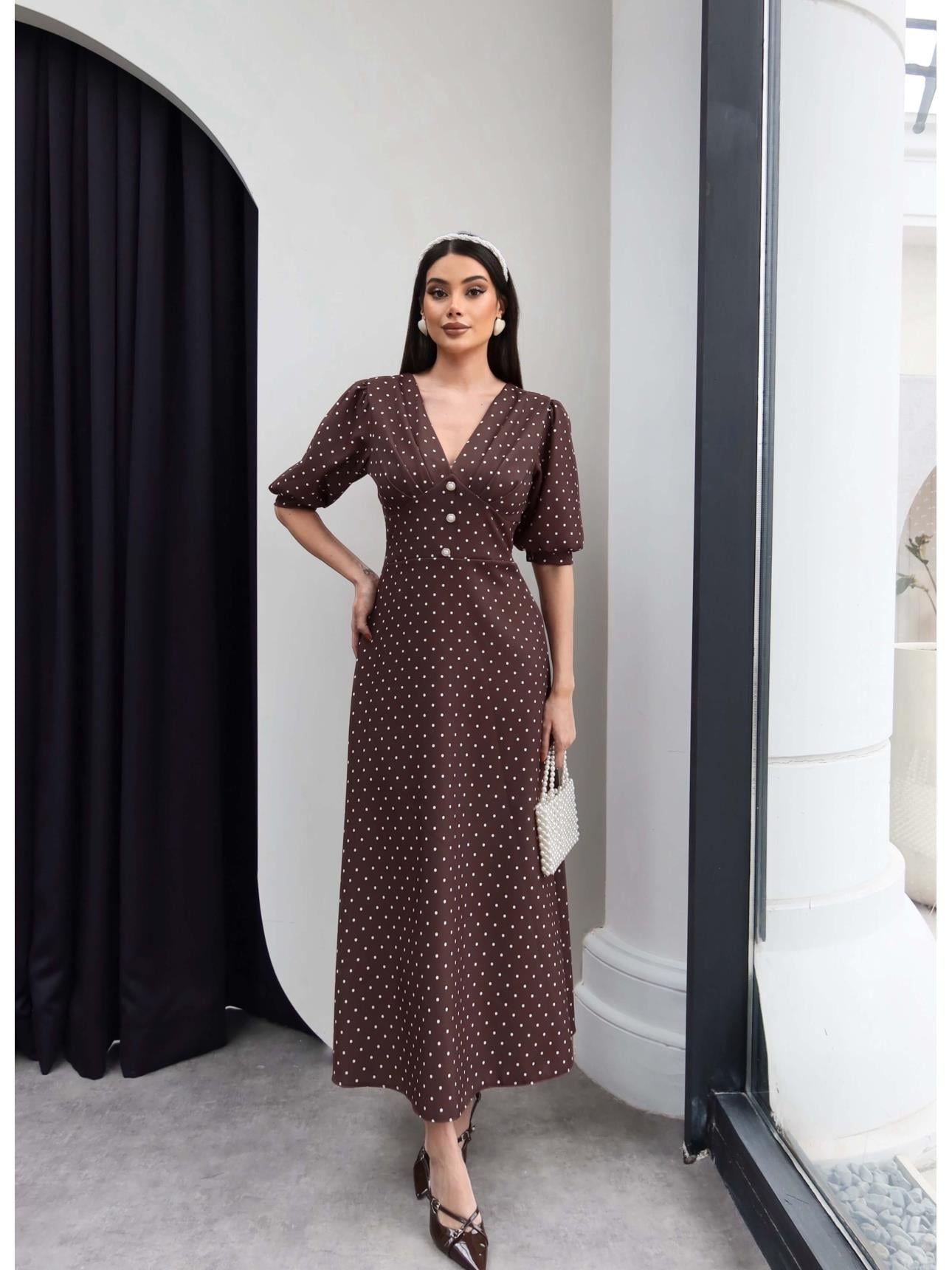 Puantiyeli Balon Kol Korsajlı Elbise