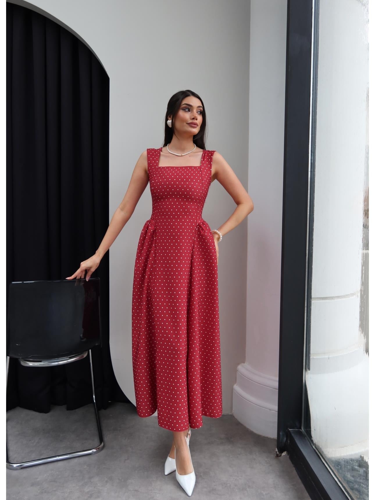 Puantiyeli Kalın Askılı Midi Elbise