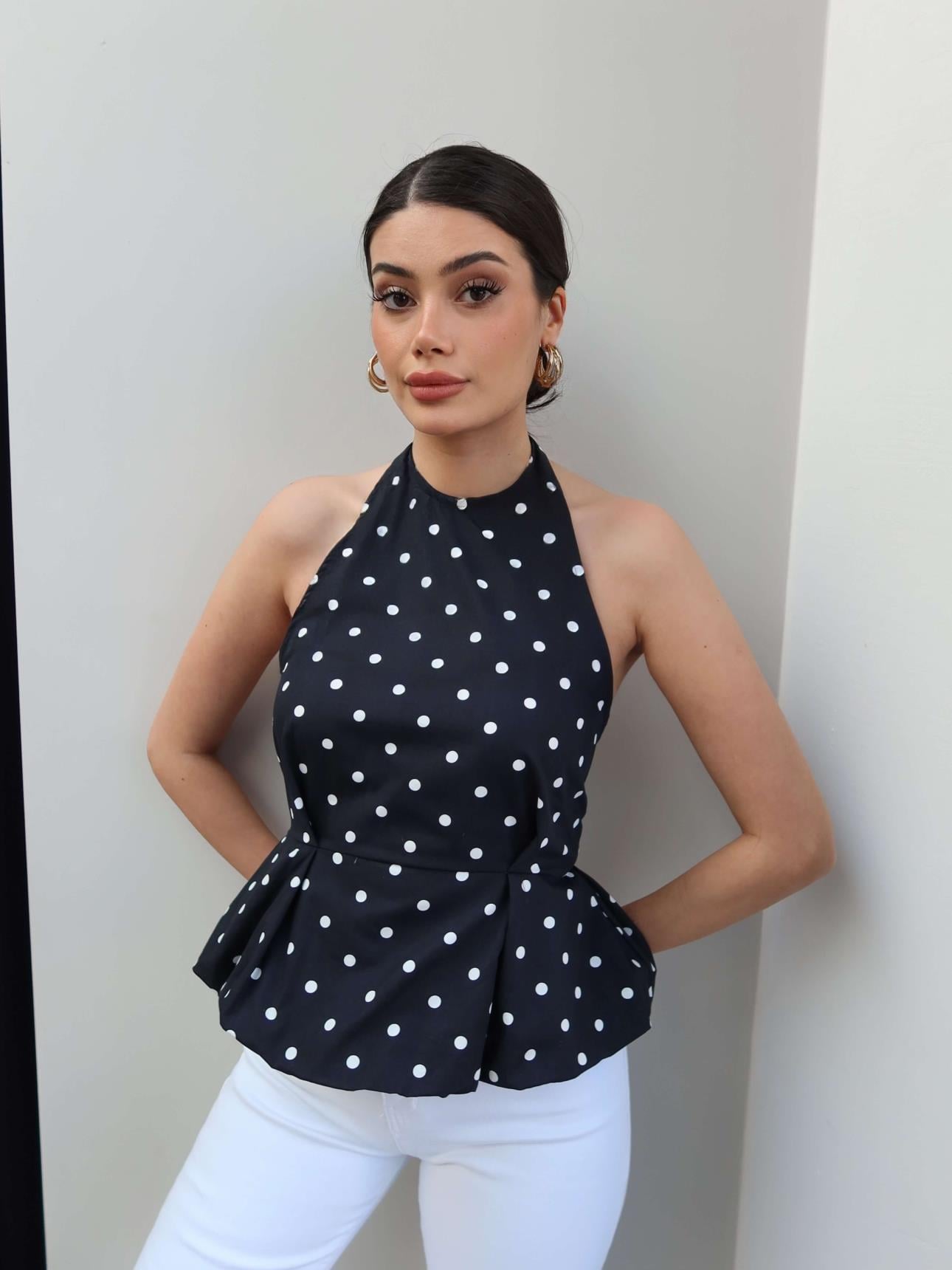 Puantiyeli Sırtı Açık Balon Bluz