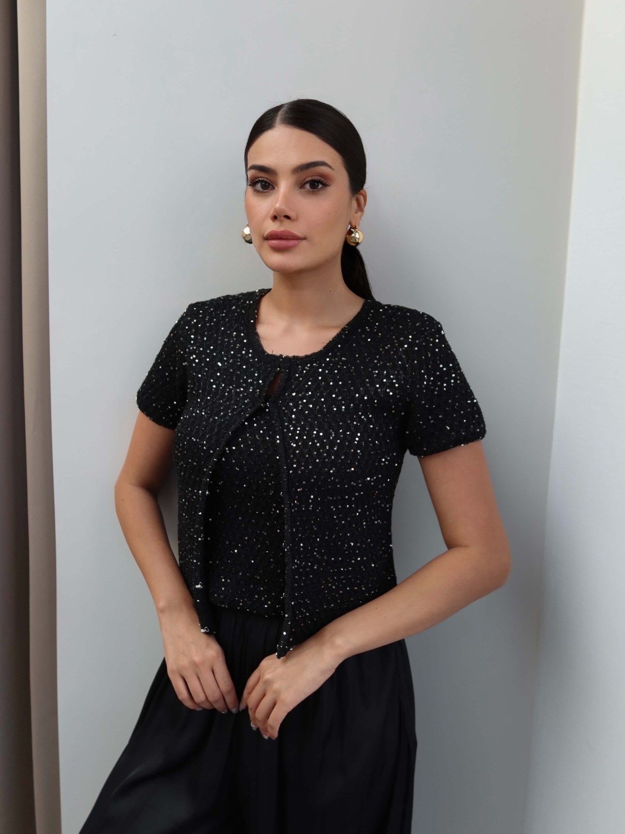 Pullu Triko Crop Hırka Takım