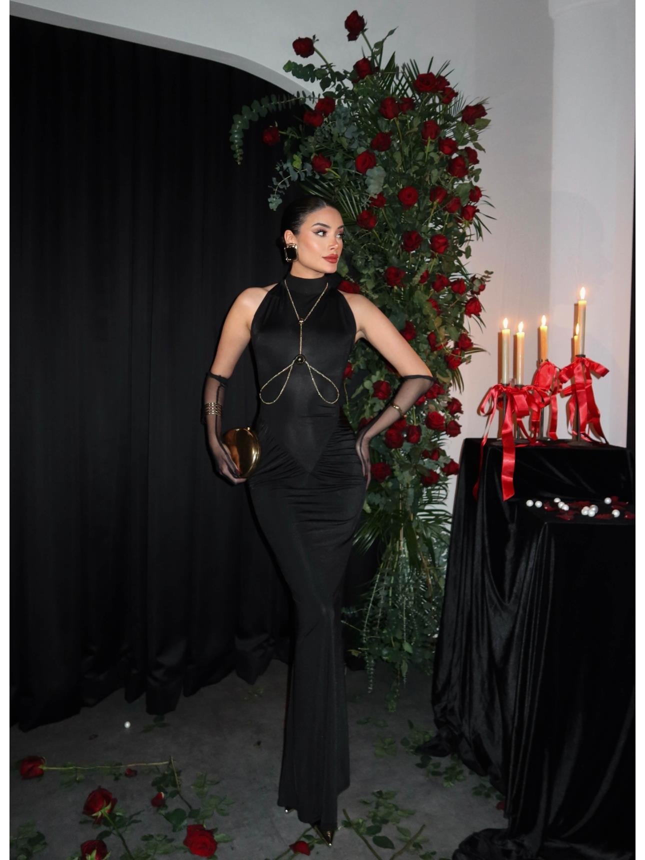 Sıfır Kol Tokalı Uzun Elbise