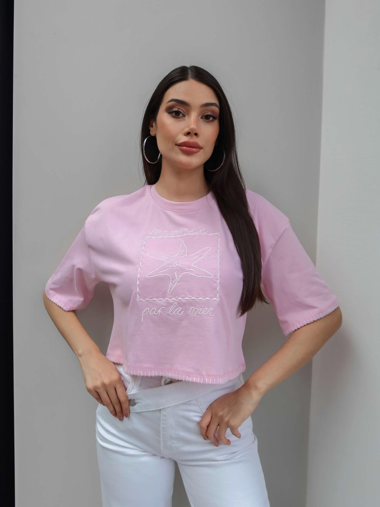Yıldız Nakışlı Crop Tshirt