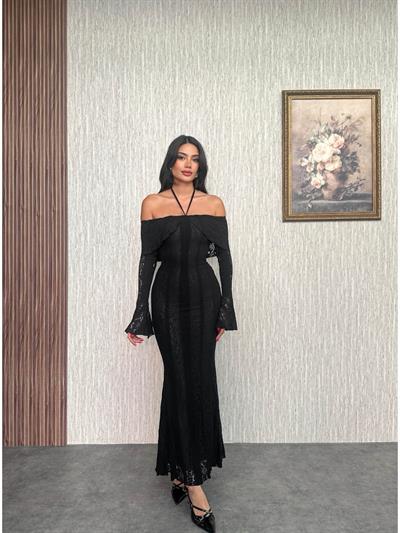 Açık Omuz Bağlamalı Dantel Elbise
