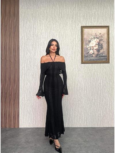 Açık Omuz Bağlamalı Dantel Elbise