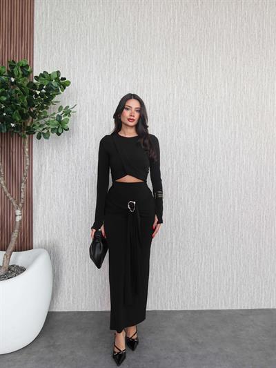 Aksesuar Bağlamalı Etekli Crop Takım