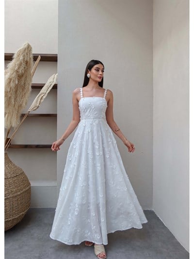 Askılı Çiçek Aplikeli Uzun Elbise