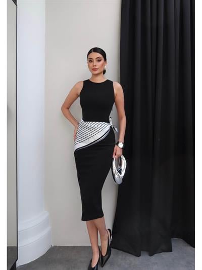 Bel Fular Bağlamalı Midi Elbise