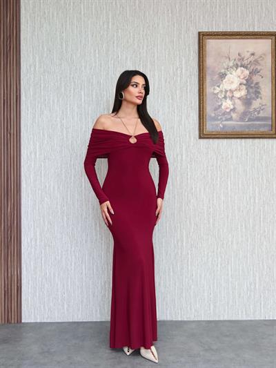 Boyun Aksesuarlı Açık Omuz Uzun Elbise