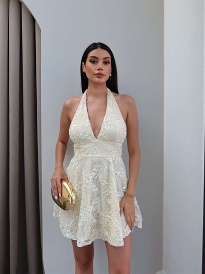 Boyun Bağlamalı Kabartmalı Mini Elbise